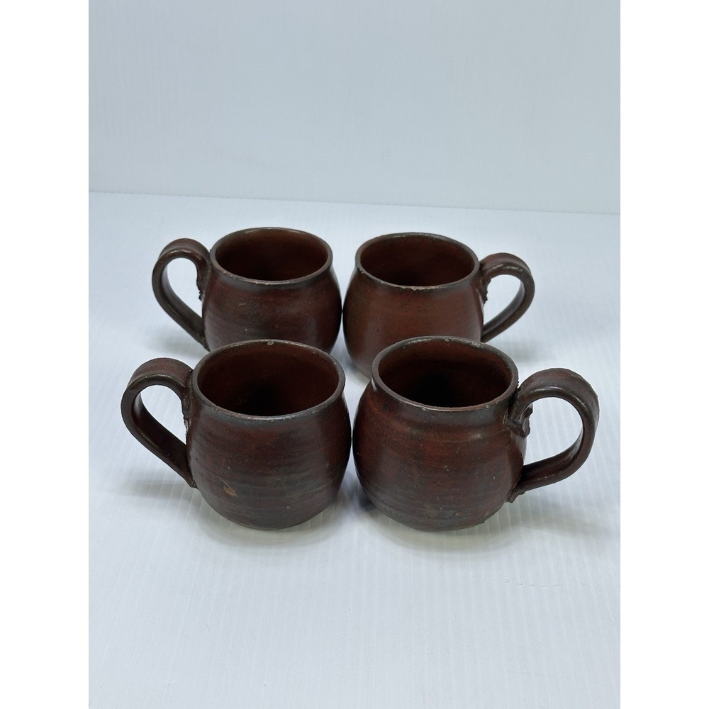 4 Vintage Red Stoneware Pottery Mug Handmade Coffee Cup Signed Dugan Hand Thrown